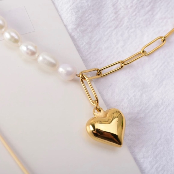 NEW 18K Gold Plated Real Baroque Pearl Chain Link Heart Pendant Choker Necklace - Picture 6 of 11